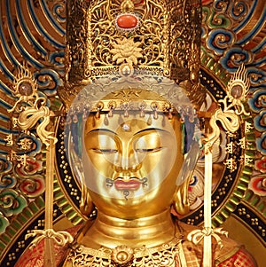 Singapore - October 16th of 2015: Portrait of main Buddha statue in the Buddha Tooth Relic Temple.